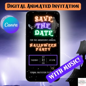Pode incluir: Um convite animado digital para uma festa de Halloween. O convite apresenta um fundo preto com texto em verde neon, laranja e roxo que diz "Save the Date" e "Halloween Party". A data e hora da festa são indicadas como "Quinta-feira, 31 de outubro de 2024 às 20h00".