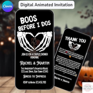 Invitación para despedida de soltera en pareja con agradecimiento. Invitación digital para fiesta de compromiso de Halloween. Invitación electrónica para disfraz de esqueleto. Plantilla DIY.