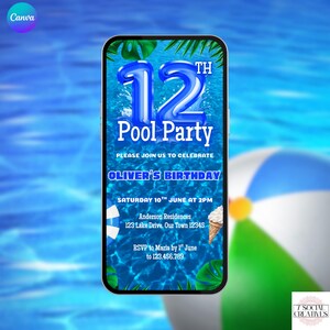Boys 12th Pool Party Birthday Invite. Digital Animated Blue Summer Tropical Theme Invitation. Kids Teen eVite. DIY Editable Template.