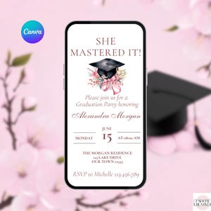 Masters Graduation Party Invitation. Digital Animated College Bachelors Graduate Invite. Girls Pink Grad Celebration eVite. DIY Template. image 1