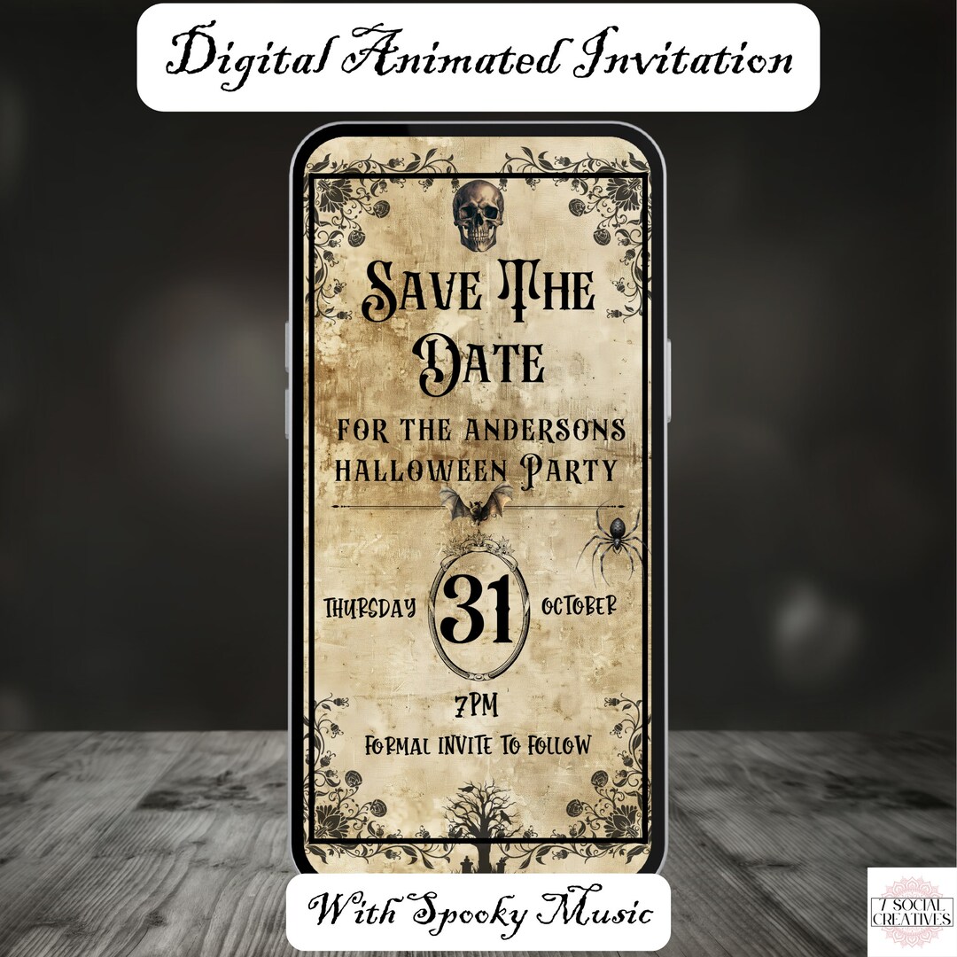 Vintage Halloween Party Save the Date Invitation. Digital With