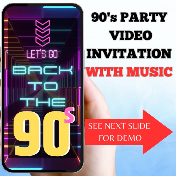 Vidéo d'invitation d'anniversaire des années 90 avec musique. Impressionnez vos invités avec ce modèle d'invitation amusant en néon. Facile à modifier. Instructions vidéo fournies.