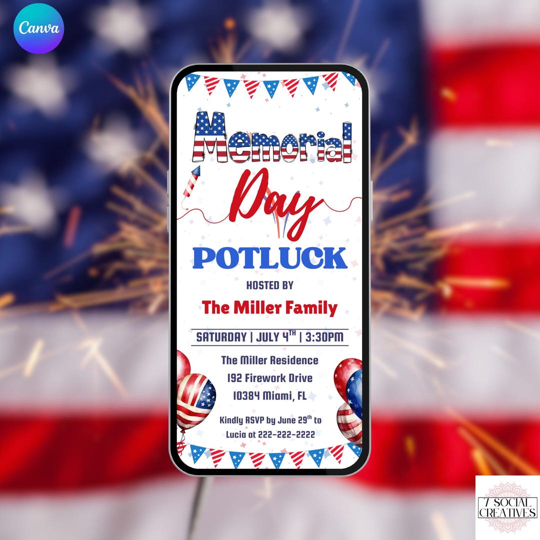 Memorial Day Potluck Invitation. Digital Red White and Blue Celebration ...