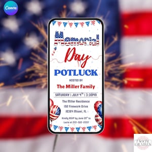 Memorial Day Potluck Invitation. Digital Red White and Blue Celebration Invite. Backyard Friends Family Party eVite. DIY Editable Template.