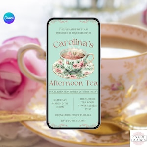 Birthday Tea Party Invitation. Digital Animated Turquoise High Tea Invite. Girls or Ladies Afternoon Tea Cup Invite. DIY Editable Template.