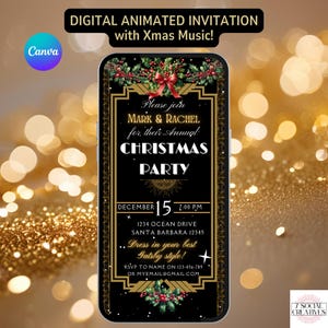 Christmas Party Invitation. Digital Animated Gatsy 1920's Theme Holiday Xmas Invite. Elegant Black and Gold DIY Editable Template eVite.