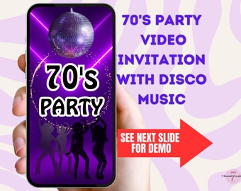 70s Party Invite. Digital Video Groovy Disco Ball Birthday Invitation With Disco Music.  All Text Fully Editable.  Easy To Edit and Send.