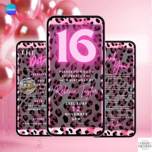Invito per la festa di compleanno del 16° compleanno con stampa leopardata. Invito digitale per ragazze per i sedici anni. Invito elettronico con tema animalier rosa neon. Modello modificabile fai da te.