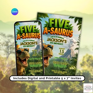 Invito di compleanno Five A-Saurus, digitale e stampabile, formato 5 x 7", invito di compleanno per bambini a tema dinosauri, invito fai da te per la festa del quinto compleanno a tema T-rex.