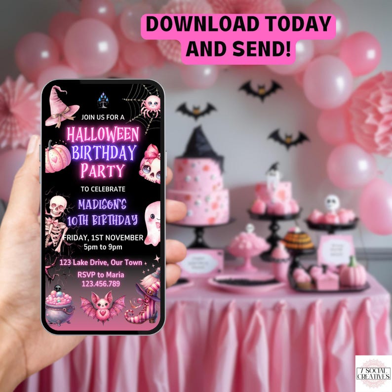 The image is a smartphone screen displaying a Halloween birthday party invitation. The invitation is for a 10th birthday celebration for Madison, and it is being held up against a background of pink balloons and a table with Halloween decorations.