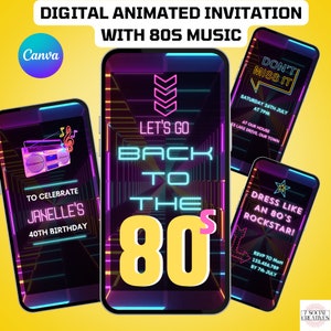 Back To The 80s Party Invitation.  Digital 1980s Any Age Birthday Invite.  Animated Neon With 80&#39;s Music Background. DIY Editable Template.