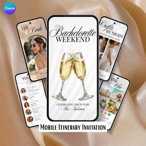 Puede incluir: Una invitación de itinerario móvil con un teléfono central que muestra "Bachelorette Weekend" y copas de champán. Los teléfonos circundantes muestran "The Bride", "Outfits by Night", "The Vibe" y detalles de los invitados. La invitación está sobre un fondo dorado.
