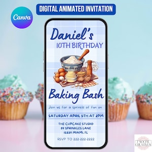 Blue Baking Party Invitation. Digital Birthday Cupcake Cookie Bake Invite. Cute Fun Boys Cooking Decorating eVite. DIY Editable Template.