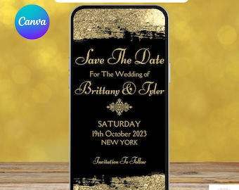 Digital Wedding Save The Date Invitation in Black and Gold. Elegant Modern Animated Wedding Save Dates Invite.  DIY Editable Template.