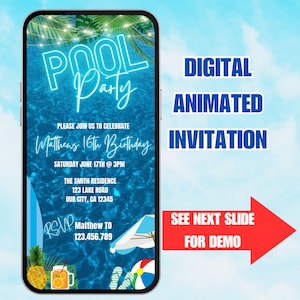 Blue Pool Party Birthday Invitation Video. Neon Beach Theme Tropical Summer Invite For Teens, Kids, Adults. DIY Canva Editable Template.