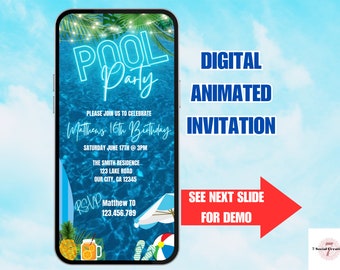 Blauwe Pool Party verjaardagsuitnodiging Video. Neon strand thema tropische zomer uitnodigen voor tieners, kinderen, volwassenen. DIY Canva bewerkbare sjabloon.