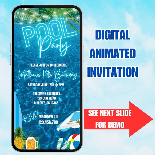 Blauwe Pool Party verjaardagsuitnodiging Video. Neon strand thema tropische zomer uitnodigen voor tieners, kinderen, volwassenen. DIY Canva bewerkbare sjabloon.