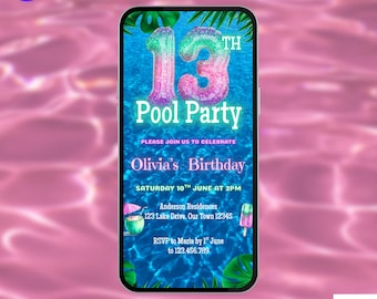 Girls 13th Pool Party Birthday Invite. Digital Animated Pink and Green Summer Tropical Theme Invitation. Kids eVite. DIY Editable Template.