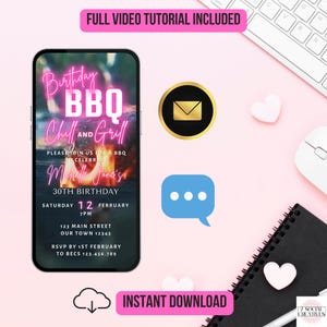 May include: A smartphone displaying a digital birthday BBQ invitation with neon pink text reading Birthday BBQ Chill and Grill, Michelle Jone's 30th Birthday, Saturday 12 February 7PM, 123 Main Street, RSVP by 1st February to Becs 123.456.789.