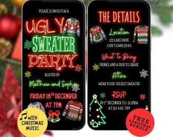 May include: Two digital invitation templates for an Ugly Sweater Party on a black background with neon-style text and graphics. The left side displays event details, while the right side lists location, items to bring, attire, and RSVP information.