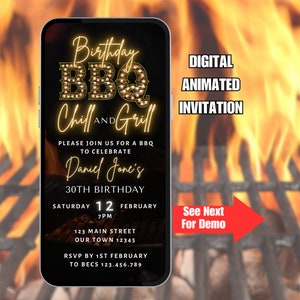 Digital Birthday BBQ Invitation.  Animated Barbeque Party Invite.  Mens or Ladies Rustic Chill and Grill eVite.  DIY Editable Template.