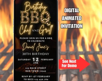 Digitale Grill-Geburtstagseinladung. Animierte Barbeque Party einladen. Herren oder Damen Rustikal Chill and Grill eVite. DIY bearbeitbare Vorlage.