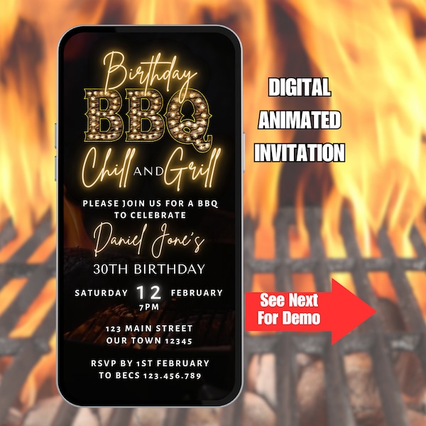 Digital Birthday BBQ Invitation.  Animated Barbeque Party Invite.  Mens or Ladies Rustic Chill and Grill eVite.  DIY Editable Template.