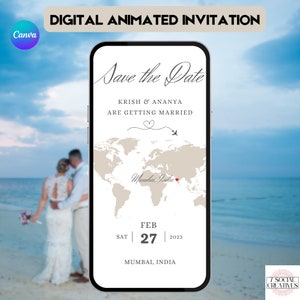 Réservez votre mariage à destination avec une carte d'invitation. Faire-part de mariage animé numérique à l'étranger. Modèle modifiable DIY. Changer de lieu.