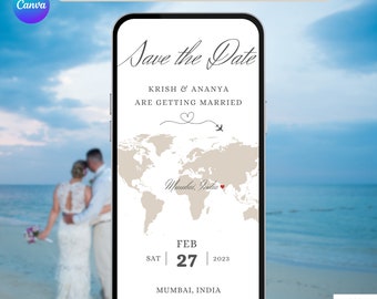 Destination Wedding Save The Date with Map Invitation. Digital Animated Overseas Wedding Invite. DIY Editable Template. Change Location.