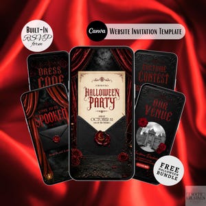 May include: A digital Halloween party invitation template set displayed on multiple smartphone screens. The designs feature gothic red curtains, black envelopes with wax seals, and text including Halloween Party, October 31, Dress Code, and Our Venue.
