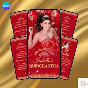 Red Quinceañera Birthday Invitation with Photo. Digital Mis Quince Anos Invite. Elegant 15th Party eVite. DIY Editable Canva Template.