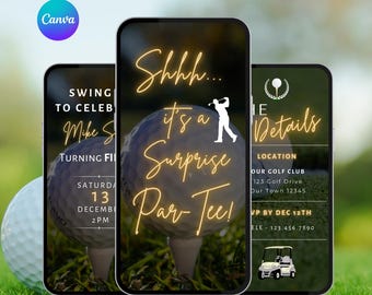 Invitación sorpresa de cumpleaños de golf. Invitación digital de par para golfistas. Plantilla editable para fiesta de golf, ideal para hombres de 50 años o de cualquier edad.