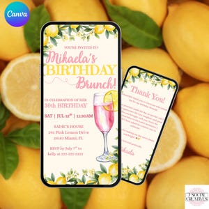 Citrus Birthday Brunch Invite. Digital Animated Ladies Any Age Party Invitation. Lemon Yellow and Pink Woman's eVite. DIY Editable Template.