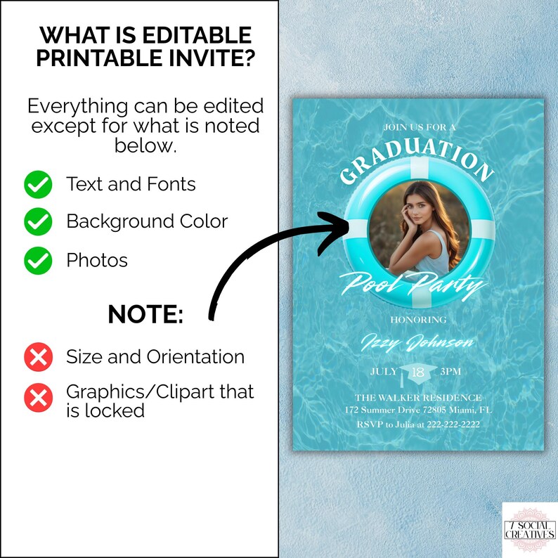 Blue Graduation Pool Party Invitation With Photo. Boys or Girls Digital ...