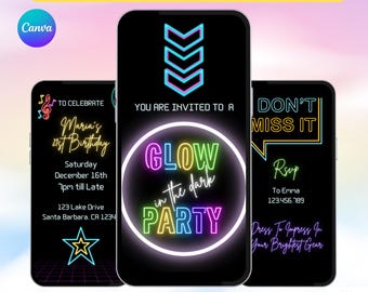 Glow Party Invite. Digital Video Neon Glow In The Dark Birthday Invitation Template. Simple To Edit All Text. Send by Email or Text Message.
