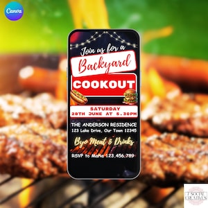 Backyard Cookout Invitation. Digital Animated Friends or Family Summer Barbeque Party Invite. Black with Flames Any Occasion DIY Template.