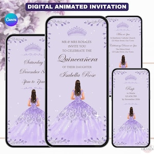 Purple Lilac Quinceañera Invitation. Digital Animated Mis Quince 15 Anos Invite. Girls 15th Party Lavender eVite. DIY Editable Template.
