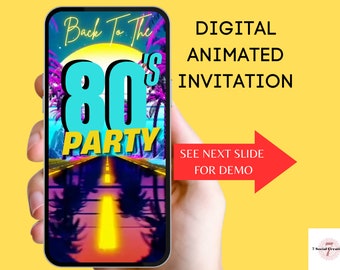 Vidéo d'invitation à une fête des années 80 pour lui. Invitation numérique rétro néon. Célébration d'anniversaire sur le thème des années 80. Modèle modifiable DIY. Envoyer par téléphone.