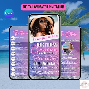 Birthday Cruise Invite Itinerary in Pink. Digital Womens Pink Birthday Trip Invitation. Vacation Planner Holiday eVite DIY Editable Template