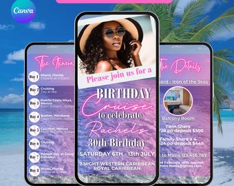 Birthday Cruise Invite Itinerary in Pink. Digital Womens Pink Birthday Trip Invitation. Vacation Planner Holiday eVite DIY Editable Template
