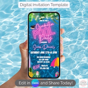Invitación a fiesta de graduación en la piscina. Invitación digital rosa para la Clase 2026. Plantilla DIY para fiesta de graduación de universidad o preparatoria.