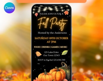 May include: A digital invitation for a fall party with a black background, twinkling lights, and two pumpkins. The text reads "Please join us for a Fall Party", "Hosted by the Andersons", "Saturday 19th October at 7pm", "Food | Drinks | Games | Music", "123 Lake Drive, Our Town 12345", and "RSVP to Rachel 123.456.789".