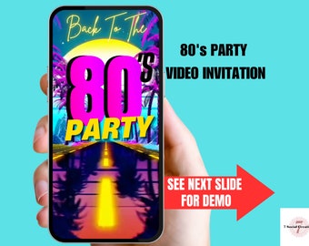 Vidéo d'invitation à une fête des années 80. Faire-part numérique rétro néon est parfait pour une soirée à thème des années 80. Facile à éditer, ajoutez de la musique avec des instructions vidéo.