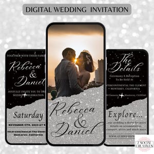 Digital Wedding Invitation Video In Black and Silver.  Destination Wedding Invite. . Elegant Modern Phone eVite. DIY Editable Template.