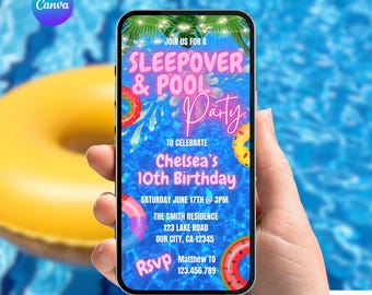 Sleepover und Pool Party Einladung. Digital animierte Mädchen Neon Pink Teenager oder Kinder Tropischer Sommer einladen. Slumber DIY bearbeitbare Vorlage.