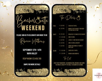 Hochzeitseinladung zum Bachelorette Wochenende In Schwarz und Gold. Digitale Braut für DIY bearbeitbare Canva-Vorlage zum Herunterladen. Per Telefon senden.