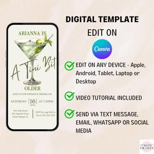 May include: A digital template for a birthday invitation with a green martini glass and the text "A Tini Bit Older". The template can be edited on Canva and includes a video tutorial. The invitation is for a party on Saturday, August 16th at 7:30 PM.