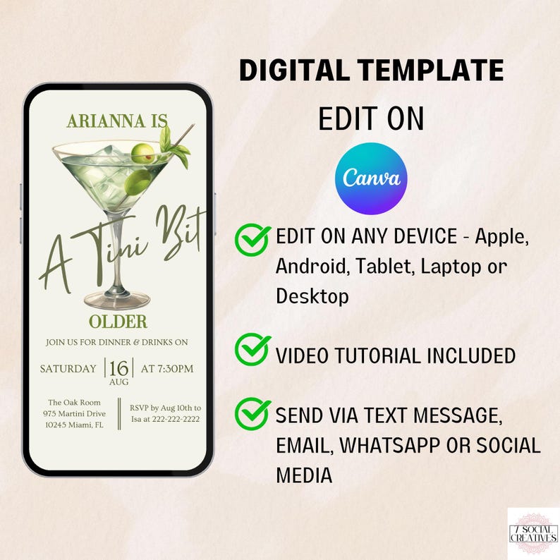 May include: A digital template for a birthday invitation with a green martini glass and the text "A Tini Bit Older". The template can be edited on Canva and includes a video tutorial. The invitation is for a party on Saturday, August 16th at 7:30 PM.