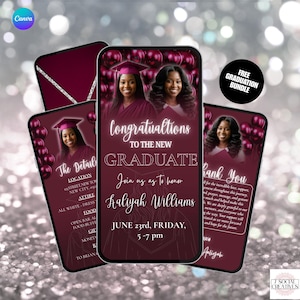 May include: A maroon graduation announcement design with a photo of a smiling graduate wearing a cap and gown. The text reads "Congratulations to the New Graduate" and invites guests to honor Kaliyah Williams on June 23rd, 5-7 pm. Includes a "Free Graduation Bundle" graphic.