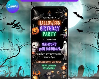 Halloween Birthday Party Invitation with Music. Digital Girls or Boys Invite. Costume Party for Kids, Teens or Adults. DIY Template.